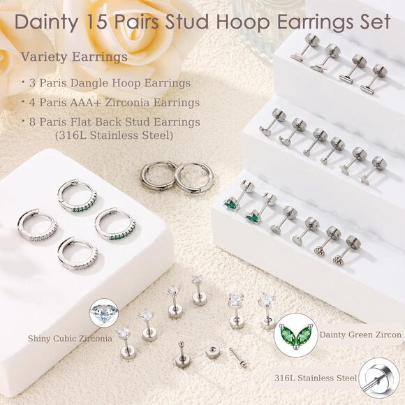 15 Pairs Hypoallergenic Gold & Steel Flat Back Earrings for Sensitive Ears - Picture 5 of 6